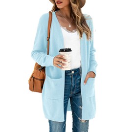 TASAMO Womens Cardigans Open Front with Pockets Side Split Draped Casual Knit Sweaters(Large, Light Blue)