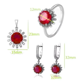 Dtup Collar, Anillo Y Aretes Rojo Rubí Oro Blanco Plata Elegante