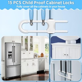 Modacraft 15Pcs Cabinet Locks Baby Proofing | U Shaped Adjustable Child Safety Cabinet Lock | Child Proof Baby Lock for Cabinets Closet | Easy to Use For Knob Handle in Kitchen Bathroom