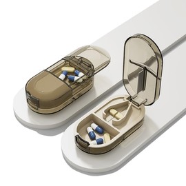 Wopanxye Travel Pill Organizer, Pill Splitter Box, 2-in-1 Small Portable Tablet Cutter Pill Case for Cut Pills, Medication, Vitamin, Fish Oil, Supplement, Capsule Sorter, Transparent Brown Container