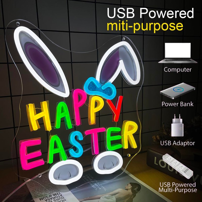 Happy Easter Neon Sign LED Easter Bunny Neon Lights USB