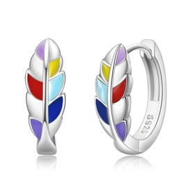 VONALA Colorful Feather Earrings for Women 925 Sterling Silver Small Hoop Earrings 14mm Cute Colorful Earrings