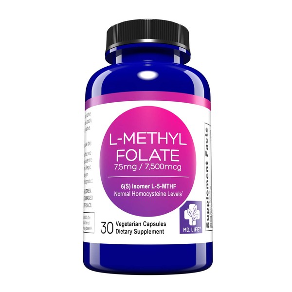 MD. Life L-Methylfolate 7.5 mg - Active Folate 5 Mthfr Support Supplement Professional Strength Methyl Folate - Essential Amino Acids & Brain Supplement- Vegan 30 Purple Carrot Capsules