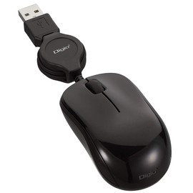 Nakabayashi Digio2 Mouse, Small, Retractable, Wired, 3 Buttons, Blue LED, Black Z8641