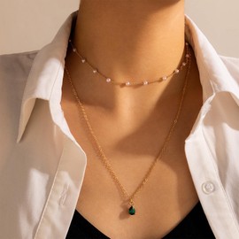 Allereya Vintage Layered Emerald Necklace Teardrop Emerald Pendant Necklace Tiny Beaded Pearl Choker Necklace Gold Pearl Chain Necklace Jewelry for Women and Girls