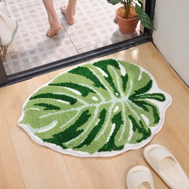 Panstar Large Monstera Leaf Bath Mat, Non Slip Green Plant Bathroom Rug, Absorbent Cute Palm Shaped Bathtub Rug Bathroom Plush Shower Rugs (32"X26")