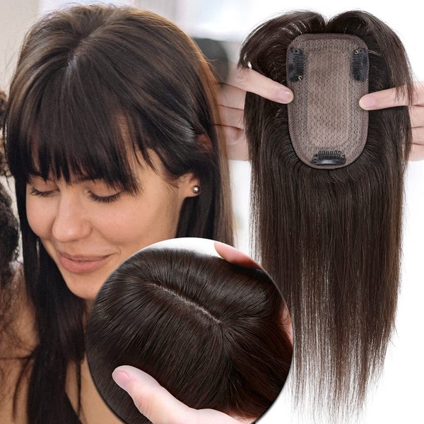 MY-LADY Human Hair Toppers for Women Real Remy Hair 150% Density 7 * 13CM Silk Base with Bangs Clip in Hair Pieces Straight Hairpiece for Thinning Hair 12 Inch #02 Dark Brown
