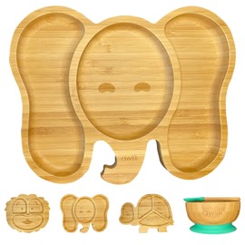 AWIIK - Bamboo Plate with Strong Suction Cup for Babies and Toddlers, BLW Plate Made of Non-Slip Bamboo with Suction Cup, Tilt Protection for Learning to Eat, BLW (Elephant)
