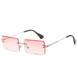 YUELUQU Retro Frameless Sunglasses for Women Men Fashion Retro Rectangle Glasses Square Transparent Sunglasses, A-silver/pink