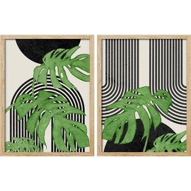 SIGNWIN Adhesive Canvas Poster Set Mid-Century Modern Emerald Green Tropical Monstera Leaf Geometric Print Abstract Print Neutral Decor Minimalist for Bedroom - 8"x10"x 2