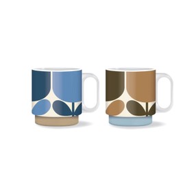 Orla Kiely Set of 2 Stacking Mugs Ceramic Block Flower- Navy/Bark Gift Boxed