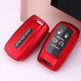 HIBEYO Key Fob Cover for 2020 2021 2022 Dodge Ram Truck Journey RMA1500 2500 3000 Key Case Shell Holder Accessories with Keychains Fit for RAM 3/4/5/6 Buttons Car Key-Red