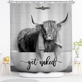 SVBright Highland Cow Shower Curtain 60Wx72L Inch Rustic Gray Bull Cattle Vintage Rustic Farmhouse Animal Wildlife Western Farm 12 Pack Hooks Polyester Waterproof Fabric Bathroom Bathtub Panels