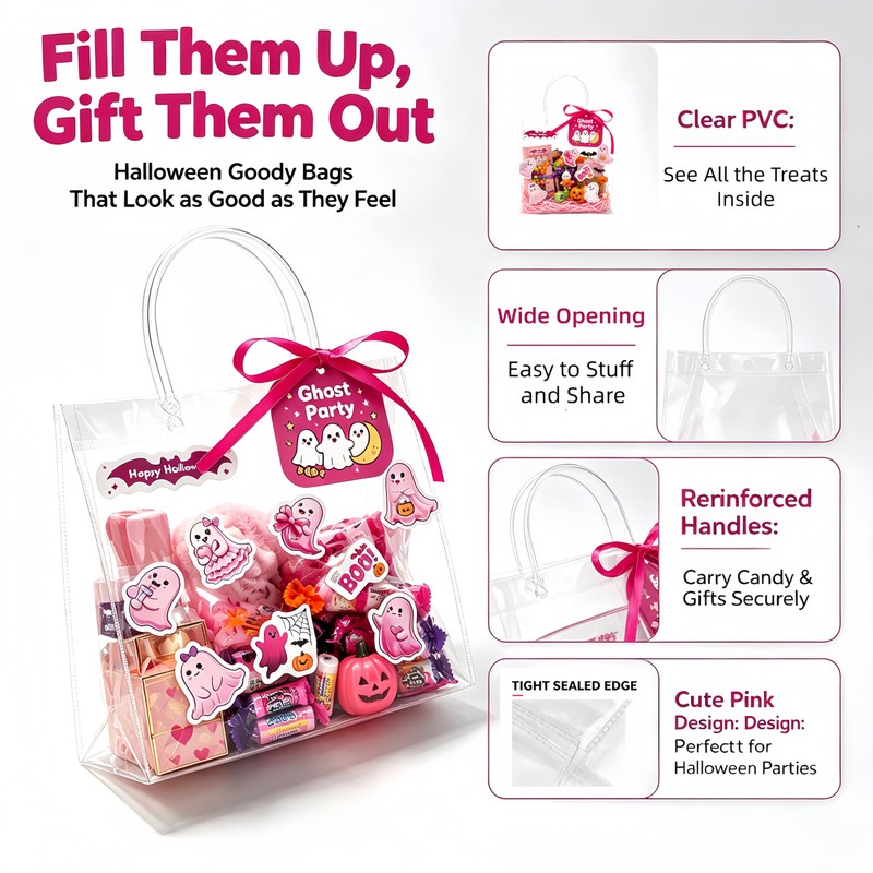 30 Pack PVC Halloween Goodie Bags,Clear Treat Bags with Tags