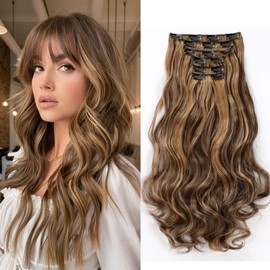 Cybelleza 48 cm Clip-In Extensions, Hairpiece Like Real Hair, 6 Pieces, Hair Extensions, Clip-In Hairpiece, Wavy Hair Thickening, Synthetic Hair, Medium Brown & Dark Blonde