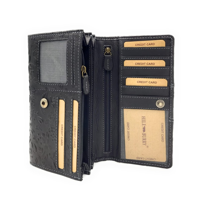 Genuine Leather Women's Wallet Floral Embossed with RFID/NFC Protection, black,