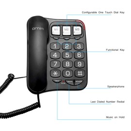 Ornin S016 Big Button Corded Telephone with Speaker, Hearing Aid Compatible for Seniors (Black)