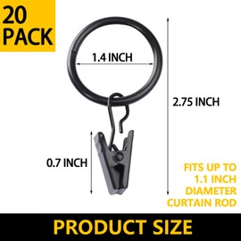 Teenitor 20 Pack Black Curtain Rings with Clips, Curtain Clips with Rings Curtain Hooks, Drapes Rings 1.38 Inch in Diameter, Fits up to 1.1 in Diameter Curtain Rod, Black