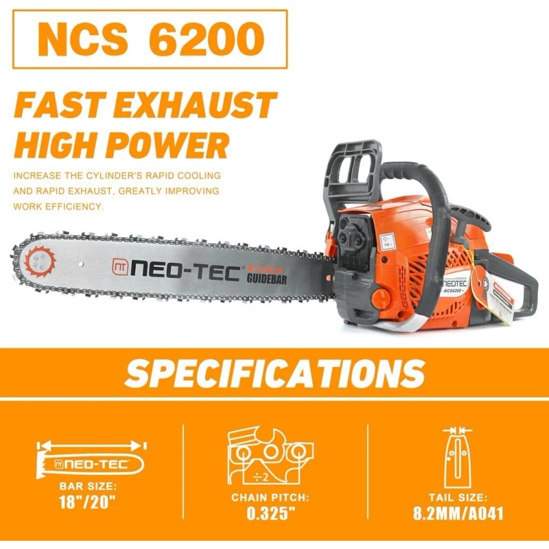 NEOTEC 62cc Gas Top Handle Chainsaw with 20'' Bar Chain