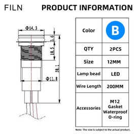 FILN 2 x 12 mm (1/2 inch) indicator light, LED indicator, 110 V, metal indicator, aluminium, black, anodised, waterproof, IP67, blue signal lamp (110 V black coated, blue, 2 pieces)
