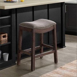 Williston Counter Height Stool, Dark Brown, Solid Rubberwood Frame with Gray Linen-Like Upholstered Seat, Silver Nailhead Accents, Footrest with Metal Kick Plate