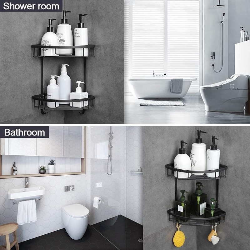 Gricol Corner Shower Basket, No Drilling Required, Aluminium with Hooks,