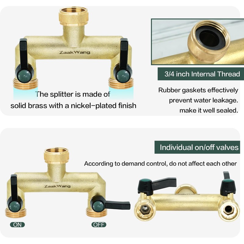 ZaakWang Brass Garden Hose Splitter, 3/4" 2 Way Tap Splitter,Hose
