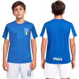 ITALIA FIGC Completo Calcio Ufficiale per Bambino e Ragazzo - Kit Maglia Tecnica e Pantaloncini, vestibilità Regular 6 Anni