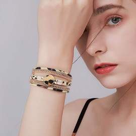 Wowanoo 3Pack Leather Cuff Bracelet Set Multilayer Wrap Bracelet Crystal Leopard Feather Tree Bracelet Magnetic Clasp Bracelet for Women Leaf Tree