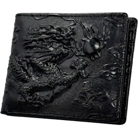 FashionBerry Men's Compact Wallet, Short Wallet, Genuine Leather, Embossed Dragon, Fashion Wallet, Leather, Cowhide Leather, Bifold Wallet, Black