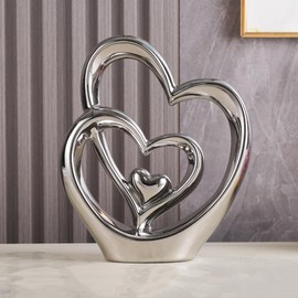 Double Heart Ornament,Double Heart Ceramic Statue,Home Decoration sculpture,Creative Home Modern Gift Office Living Room Decoration Collection Souvenir,Gift. (Silver A)