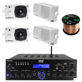 Pyle PDA65BU Compact Home Theater Bluetooth Stereo Receiver, 4X Pyle 3.5'' 200 Watt 3-Way Weather Proof Mini Box Speaker System (White), Enrock Audio 16-Gauge 50 Foot Speaker Wire