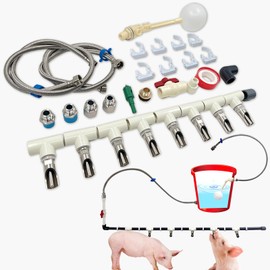 Pig Waterer System with 8 Pig Water Nipples, Automatic Pig Nipple Waterer Kit with Float Valve,Steel Hose,Ball Valve, Pipe Adapters, Hog Waterer for Piglets, Goats, Sows (White, 1 Set)