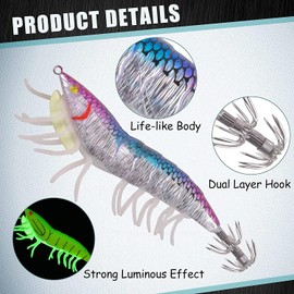 Glow Squid Jig Lure Hooks Saltwater Fishing Bait Set, 8pcs/Bag Luminous Fish Jigs Set Shrimp Prawn Lures Kits Fluorescent Cuttlefish Jig with Storage Bag