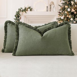 OTOSTAR Set of 2 Linen Fringe Decorative Throw Pillow Covers 12x20 Inch Soft Lumbar Cushion Cover with Tassels Farmhouse Home Decor Accent Pillowcase for Sofa Couch Patio Bed Living Room, Olive Green