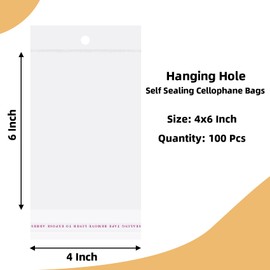 4x6 Inches Hanging Hole Self Sealing Cellophane Bags Self Adhesive, 100 Pieces Clear Resealable Cellophane Bags with hanging header for Jewelry Earring Necklace