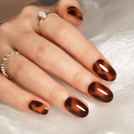 Press on Nails - Findigit Press on Nails Short, Natural Reusable Stick On Nails,Supremely Fit Soft Gel Fake Nails in 16 Sizes - 32 PCS Glue On Nails Kit, Amber