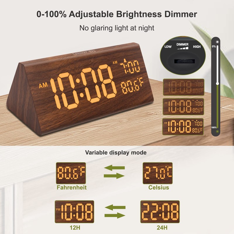 DreamSky Wooden Digital Alarm Clock for Bedroom - 7.7" Electric