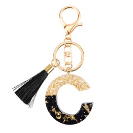 Suweibuke Fashion Black Key Chains for Women Girls, Initial Letter Keychains with Tassel, Charms for Key Purse Handbags Backpacks (Black-C)