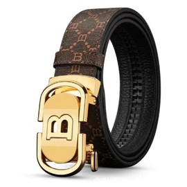 Ridoras Mens Designer Ratchet Belts for Casual Jeans with Letters B,Leather Belts with Automatic Slide Buckle(Gold,42"-45" Waist Adjustable)