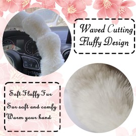 Luxury Fluffy Winter Car Steering Wheel Cover for Women, YUNXNYC Fuzzy Cute Steering Wheel Cover Soft Warm Furry Auto Plush Fur Vehicle Steering Wheel Protector Waved (Cream)
