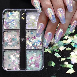 Mermaid Glitter Nail Art Sequins, Holographic 3D Magic Color Ultra Thin Transparent Shiny Nail Art Glitter Flakes Design, Glitter Irregular Nail Sequins Acrylic Supplies for Women Manicure Decorations