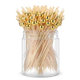 Potchen 200 Pcs Cocktail Picks Long Cocktail Toothpicks Bamboo Toothpicks for Appetizers Fruits Food Skewers Sticks for Drinks Dessert Wedding Birthday Party(Gold Pearls)