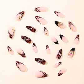 Almond Press on Nails Medium - Leopard French Tip Fake Nails Gold Chain Steel Beads Charms Design Cheetah Print False Nails Full Cover Glossy Nails for Women 24PCS