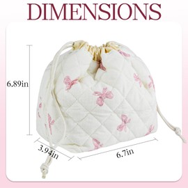 AMZMA Quilted Makeup Bag for Women, Coquette Aesthetic Cosmetic Bag, Cute Travel Toiletry Bag, Cotton Drawstring Pouch for Women and Girls