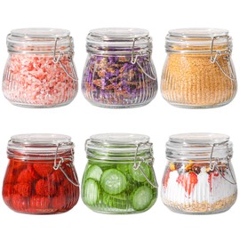ComSaf Airtight Glass jar with lid 17oz Set of 6, Glass Storage Containers with Lids, Glass Canister, Mason Jars, Small Striped Clip Fastening Jar for Kitchen Canning, Overnight Oats, Pickle, Spice