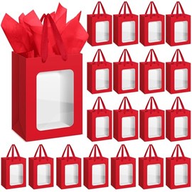 Zhanmai 36 Pcs Kraft Clear Gift Bags with Tissue Paper, Paper Gift Bags with Transparent Window with Handles for Business, Shopping, Wedding, Baby Shower, Party Favors (Wine Red)