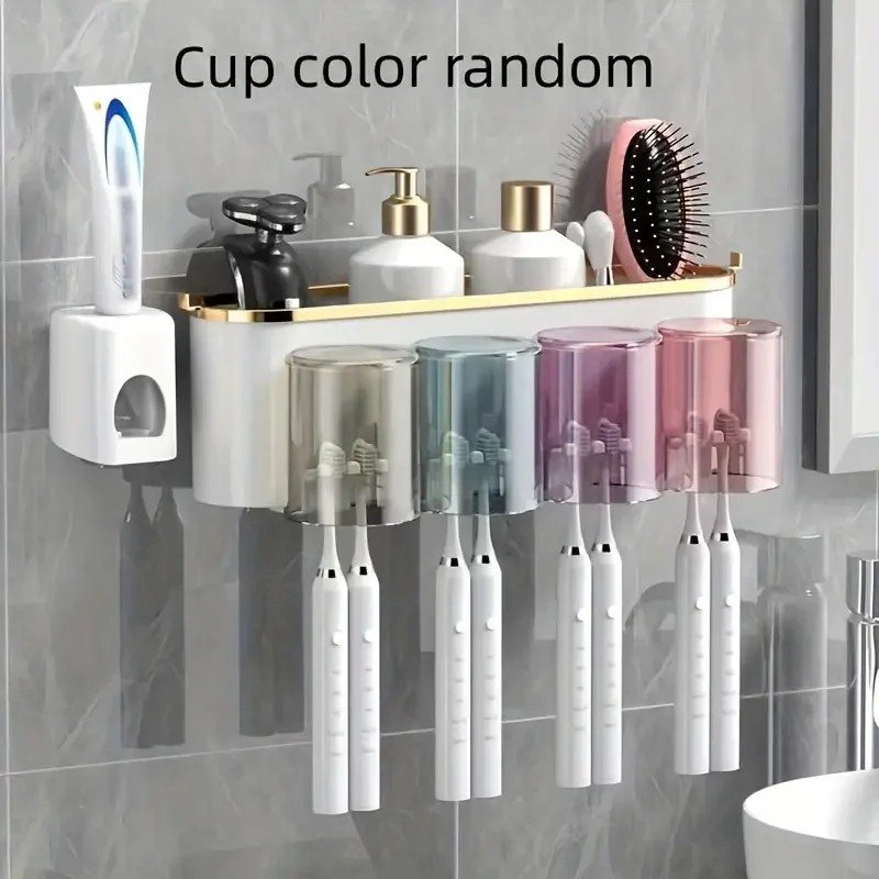 Wall Mounted Toothbrush Holder with Toothpaste Squeezer – Multifunctional Bathroom