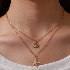 Inilbran Boho Layered Shell Starfish Necklace Vintage Shell Choker Necklace Gold Starfish Pendant Necklace Starfish Shell Chain Necklace Jewelry for Women and Girls