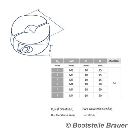 Bootsteile Brauer 2 pieces wire rope – clamping ring 2-piece DS = 4 mm M3 – stainless steel A4 (AISI 316), wire rope clamp stopper clamp
